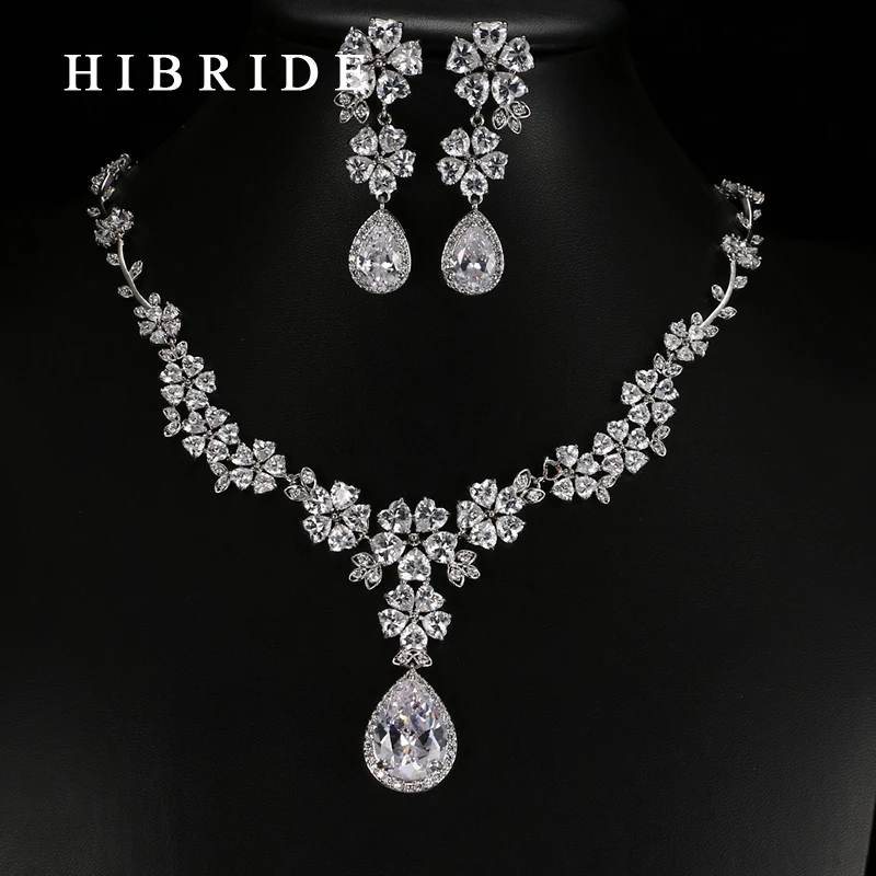 

HIBRIDE Jewelry Luxury Austrian Crystal Jewelry Sets, AAA Cubic Zircon Earrings Necklace Party Sets for Weddings Gifts S-22