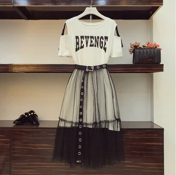 

2019 Summer Japan Women Off Shoulder Letters Print Long T-shirt Tulle Skirt Sash Casual Two Piece Set Streetwear
