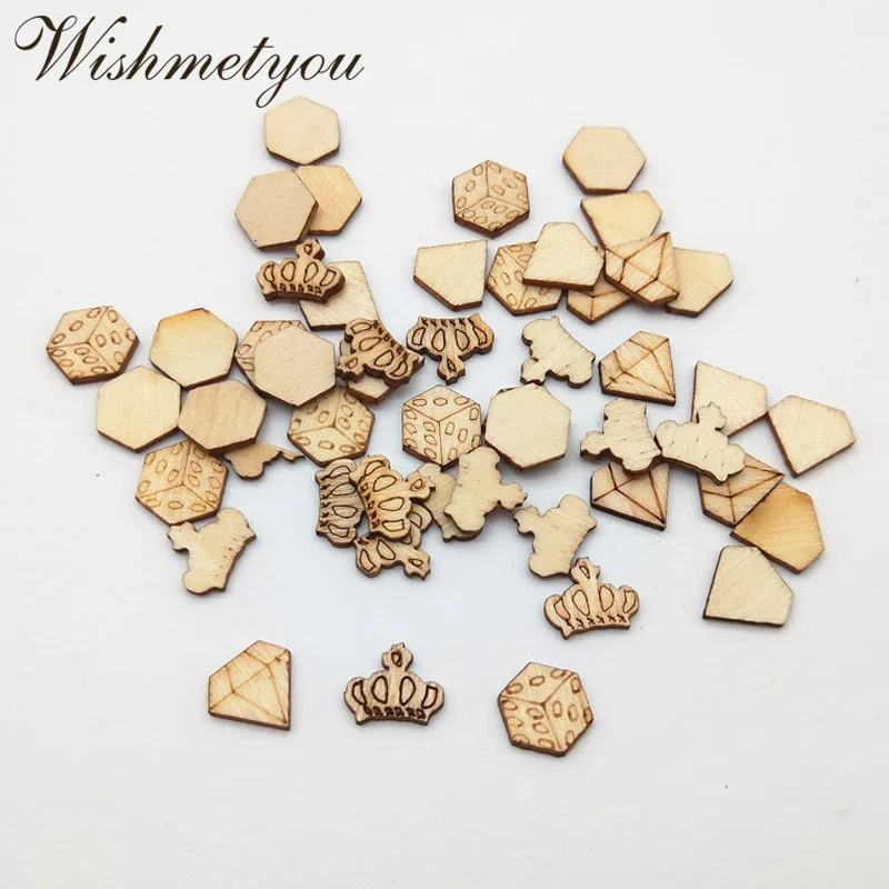 

WISHMETYOU 50PCS Crystal Stone/ Dice/ Crown Natural Wooden Slices Embellishment Scrapbooking Decor Pattern Creative Wood Crafts