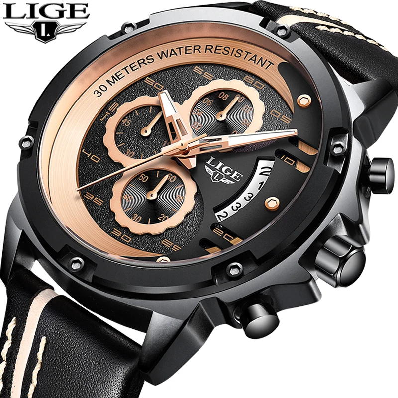 

LIGE New Mens Watches Top Brand Chronograph Sports Quartz Watch Man Fashion Leather Waterproof Military Luxury Wrist Watch Dress