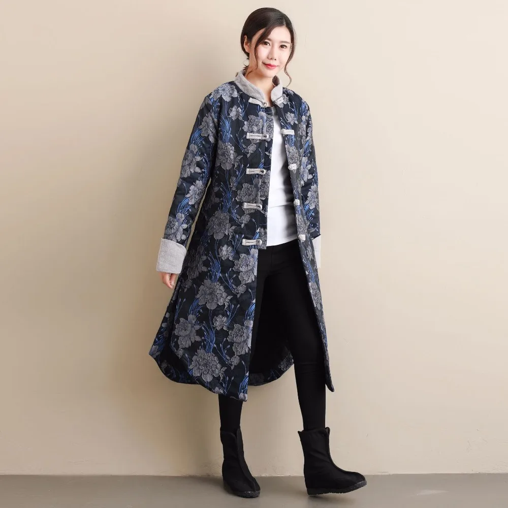 Зимняя утолщенная винтажная одежда с цветочным узором, длинная куртка в стиле ретро, китайский стиль, стоячий воротник, Женский Тренч с хлопковой подкладкой