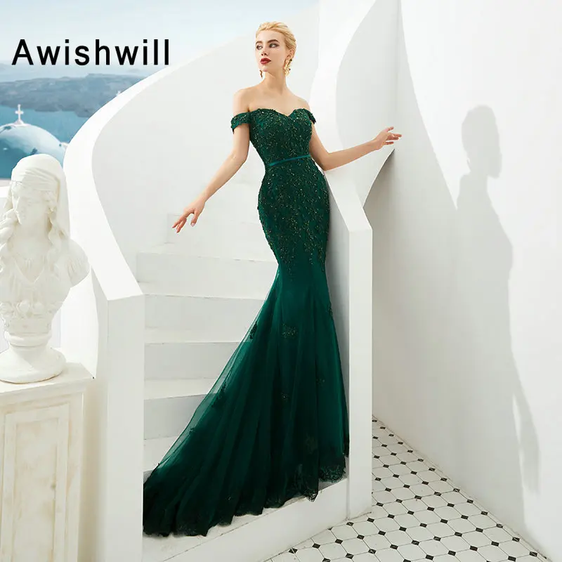 Элегантное длинное вечернее платье с открытыми плечами Охотник зеленые бисерные Аппликации Тюль сексуальное вечернее платье-Русалка вечернее платье
