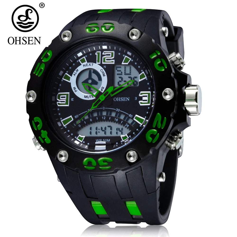 

Original OHSEN electronic quartz mens fashion watch male clock big size dial rubber band green military sports LCD wristwatches