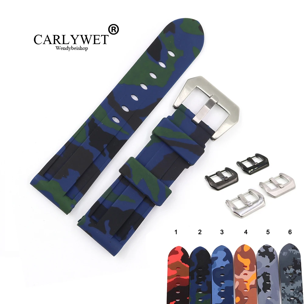 

CARLYWET 22 24mm Camo Green Blue Black Waterproof Silicone Rubber Replacement Watch Band Loops Strap For Panerai Luminor