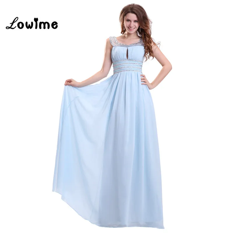 Long Light Sky Blue Graceful Prom Dresses Women Evening Gowns Beaded