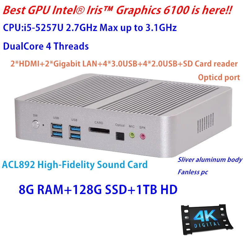 Lowest Price Top GPU Iris HD 6100 Broadwell Intel Core i5-5257u Fanless Gaming Mini PC with 8GB RAM+128GB SSD+1TB HDD HTPC Hi-Fi Sound Card Lowest Price Top GPU Iris HD 6100 Broadwell Intel Core i5-5257u Fanless Gaming Mini PC with 8GB RAM+128GB SSD+1TB HDD HTPC Hi-Fi Sound Card