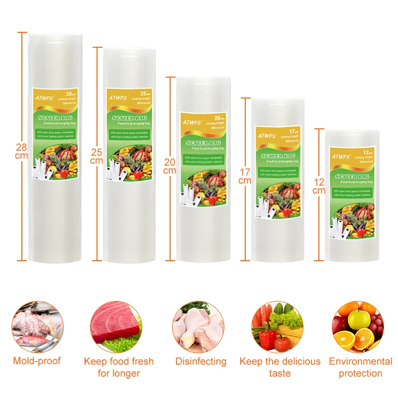 ATWFS Home Food Vacuum Sealer Packing Machine With 5 Vacuum Bag Packaging Rolls (12X500cm,17X500cm,20X500cm,25X500cm,28X500cm) 3