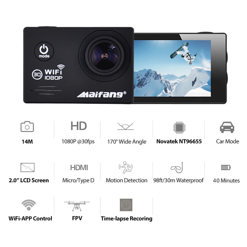 

Ultra HD 14MP WIFI Action Camera Novatek 1080P 30FPS Camcorders FPV Car Mode Deportiva 2 Inch go 170D Waterproof Pro Sport Cam