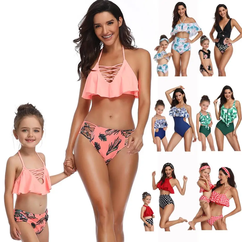 

family matching swimwear beachwear mommy and me swimsuit mother daughter clothes dresses high waist bikini look Kids Swimsuit