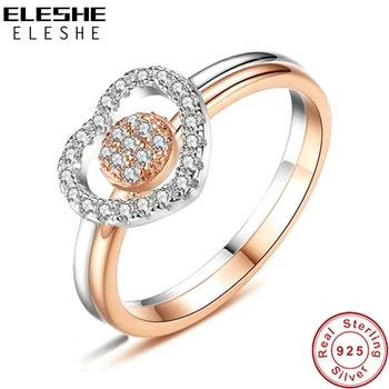 

ELESHE Female Cubic Zircon Heart & Round Ring Set Luxury 925 Sterling Silver Ring Wedding Engagement Rose Gold Rings For Women