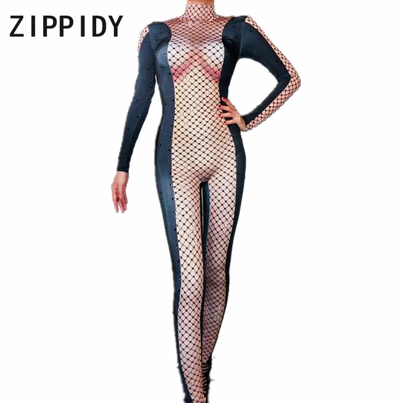 

Black Rhinestones Mesh Printed Sexy Nude Jumpsuit Female Singer DS Bodysuit Nightclub Women's Birthday Party Stage Show Clothes
