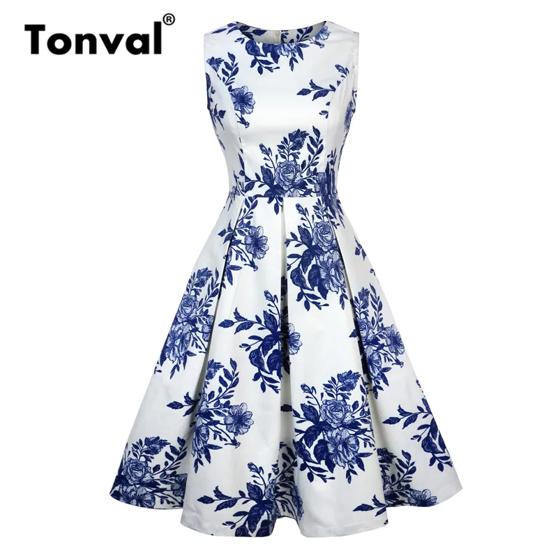Тонваль белое Плиссированное повседневное цветочное винтажное летнее платье женское Элегантное синее цветочное миди ретро платье с высокой талией - Цвет: Белый