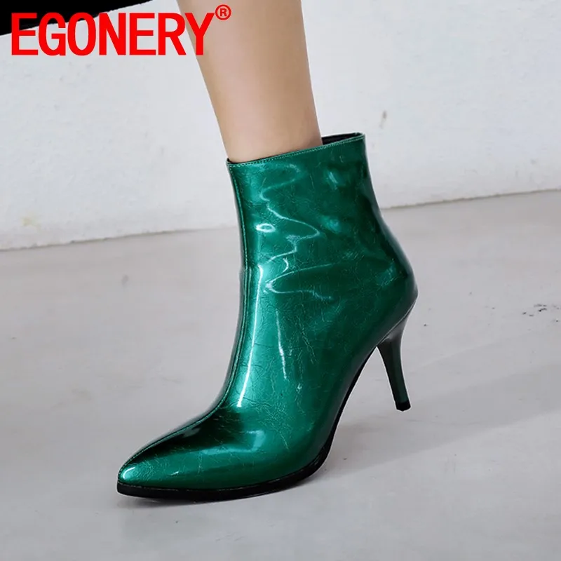 

EGONERY cool woman ankle boots patent leather women's shoes green red fashion party 7.5cm high heels autumn winter wedding shoes