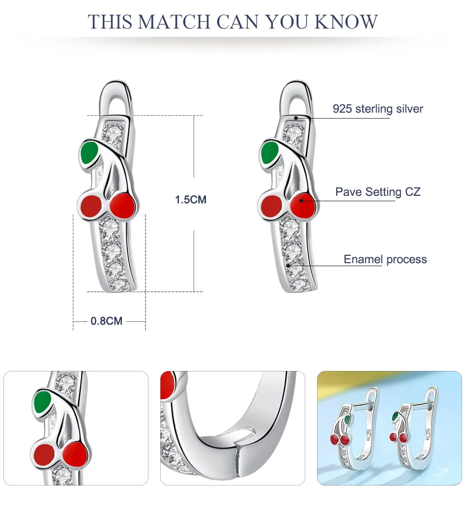 Настоящее 925 пробы, серебряные серьги, кристалл, эмаль, вишня, цветок, лист клевера, сердце, серьги-гвоздики для девочек, детские ювелирные изделия
