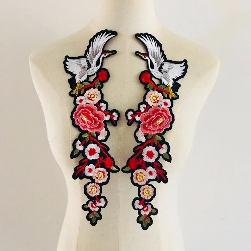 

1pair New Red-Crowned Cranes Flower Applique Embroidered Iron on Cute Birds Patches Fabric Sticker Craft Repair Diy Decoration