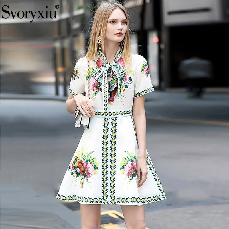 

Svoryxiu Runway Designer Summer Dress Women's High Quality Short Sleeve Bow Collar Flower Print Jacquard Party Mini Dress