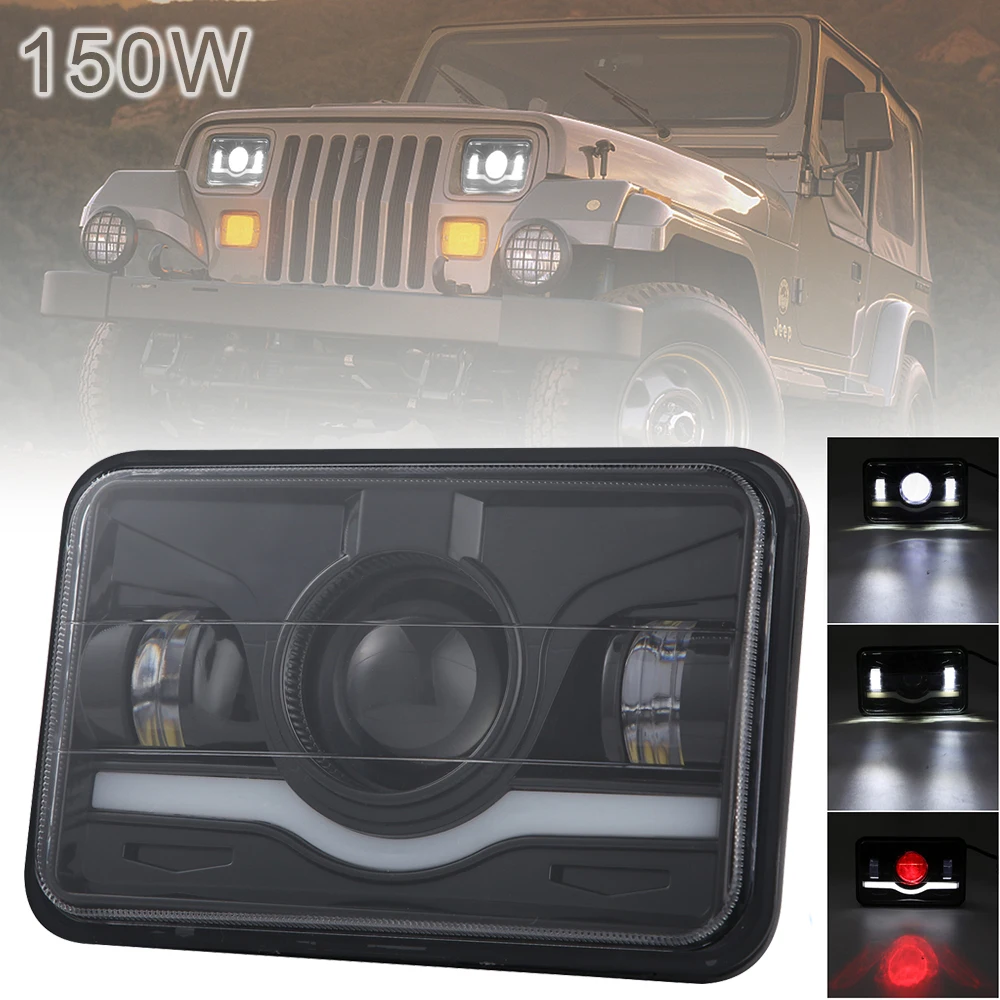 

4 x 6 Inch 150W 15000LM Car LED Headlight Hi-Lo Red DRL Sealed Beam Auto Light Lamp for Off-road Vehicle Truck Bus Cars