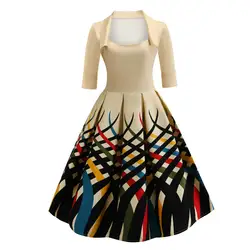 Ретро многоцветный печати Midi Винтаж платье 2019 квадратный воротник половина рукава Элегантная булавка до стиль Hepburn Rockabilly для женщин