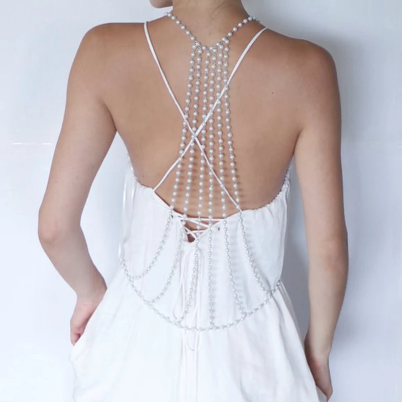 

meidi Body chain sexy women hot sell fashion ladies back chain Handmade imitation pearl body back chain summer beach dress