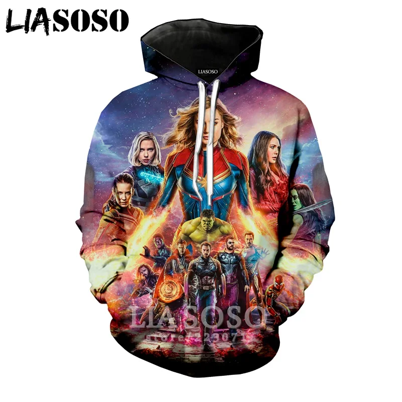LIASOSO 2019 Winter New Men Women Sweatshirt 3D Print Latest Movie Avengers Endgame Hoodie Long Sleeve Casual Pullover B008-04