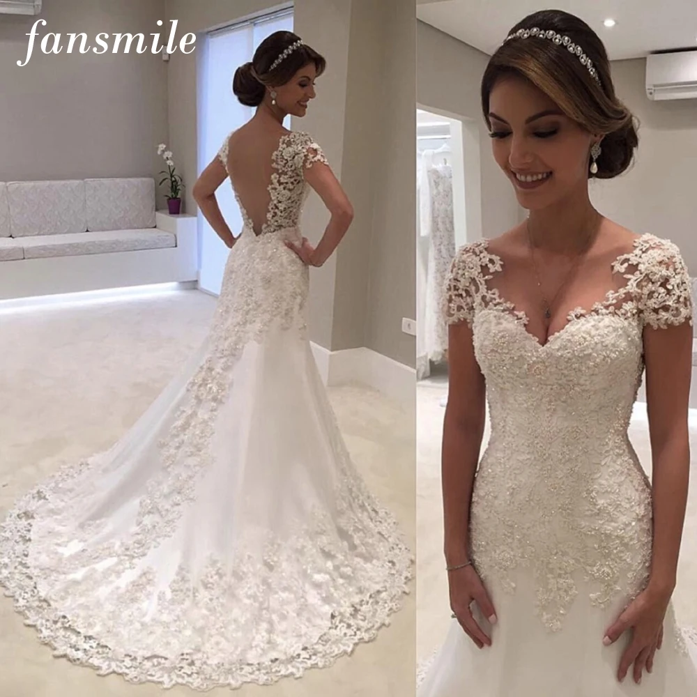 Fansmile Иллюзия Vestido De Noiva белый кружевное с открытой спиной фасона "Русалка" свадебное платье 2019 короткий рукав свадебное платье невесты