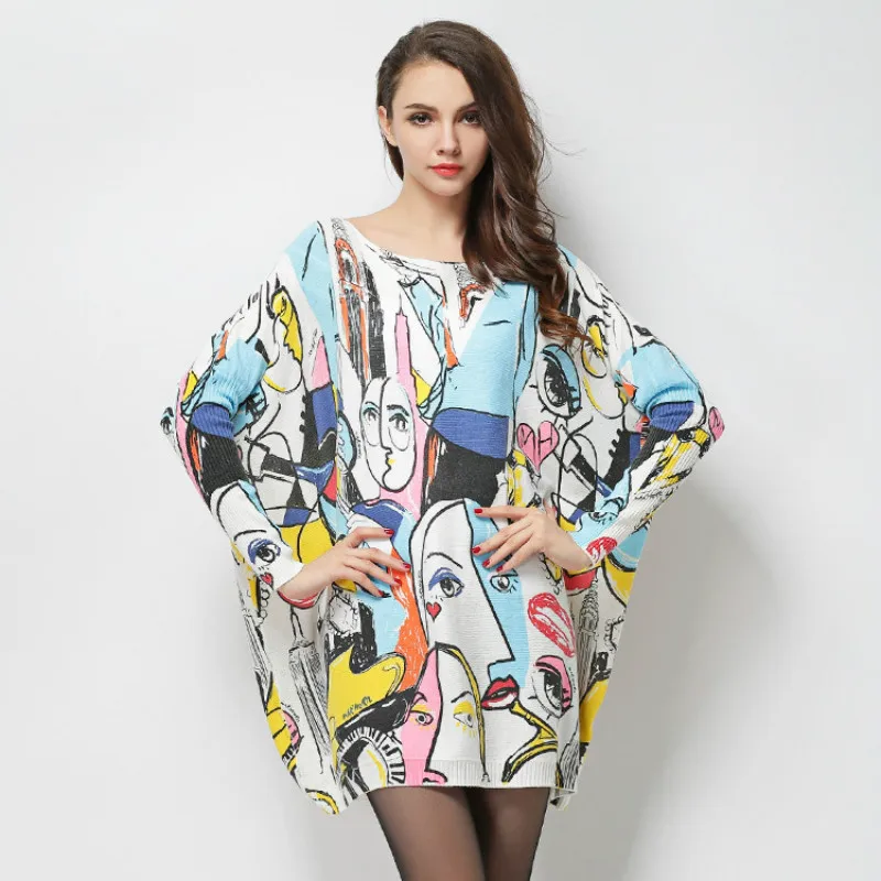 

The spring of 2018 the new fat mm large size ladies sweaters smiling face printed graffiti wool blended sweater coat female