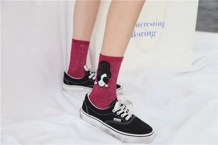 Женские летние тонкие блестящие короткие носки до щиколотки в стиле панк яркие шелковые классные женские носки с забавным рисунком
