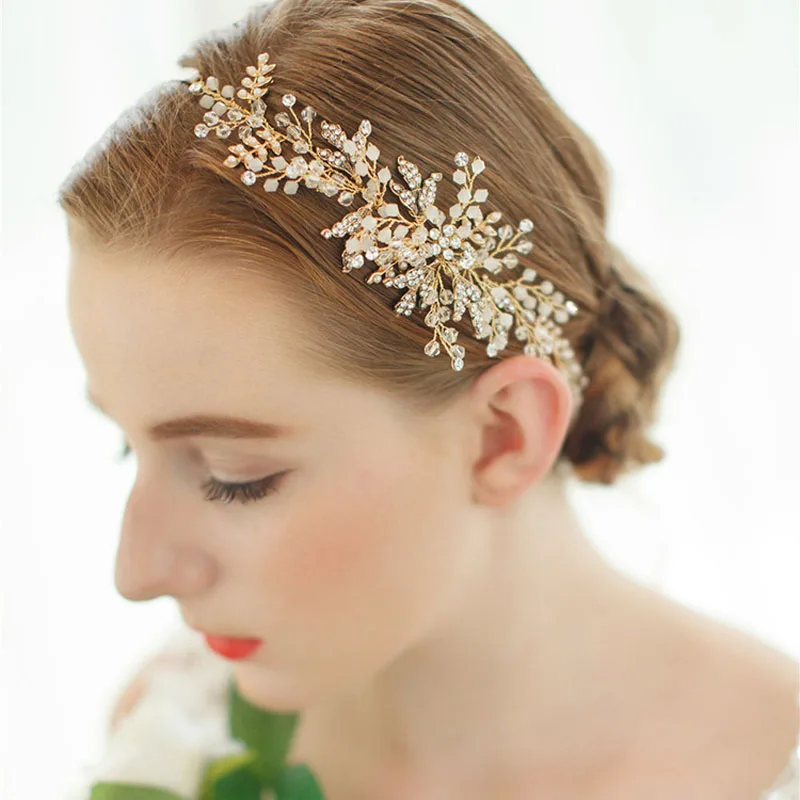Floralbride Rose Gold Color Rhinestones Crystals Pearls Flower Wedding Headband Bridal Hair Vine Hair Accessories Women