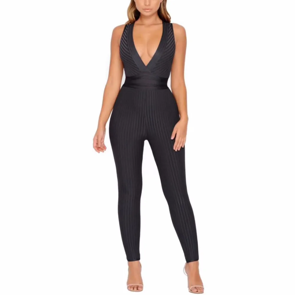 

Seamyla New Arrival Women Jumpsuits Sexy Sleeveless Bodycon Club Bodysuits Apricot Black V Neck Skinny Cocktail Party Jumpsuit