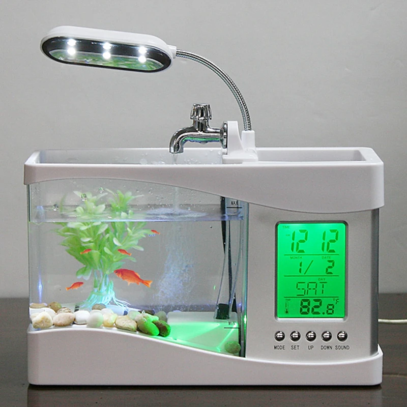 Birthday gift usb small fish tank aquarium with alarm clock led