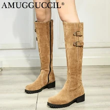 Новинка, большие размеры 33-44, черные, бежевые, коричневые, с пряжкой, на молнии, до колена, Осенние, для девушек и женщин, теплые зимние женские сапоги, X1663