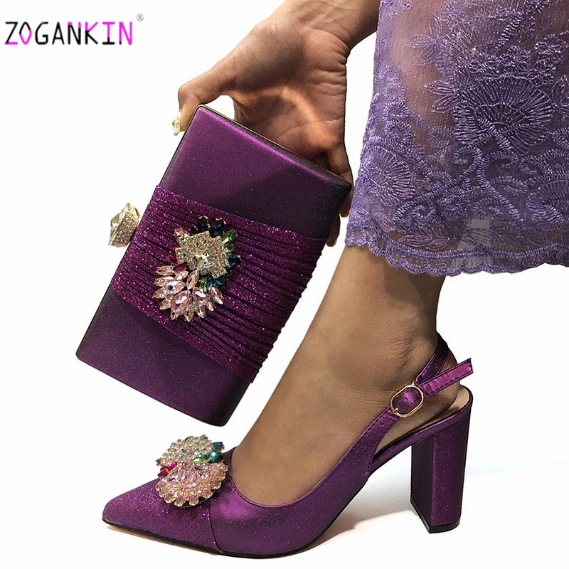 

Top Selling Autumn Pointed Toe Shoes And Purse Set Italian Style Square Heels Sandals Shoes And Bag For Fashion Party