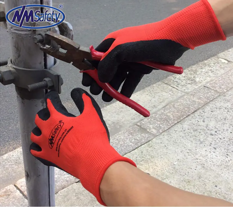 NMSafety лучшее сцепление ультра-тонкий вязаный латекс Dip нейлон красный с латексным покрытием рабочие перчатки luvas de couro