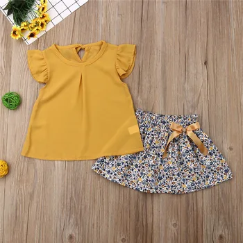 

Toddler Baby Kids Girls free shipping clothes solid Ruffle Summer Sleeveless T-Shirts bow Flower print Skirts 2pc lovely Outfits