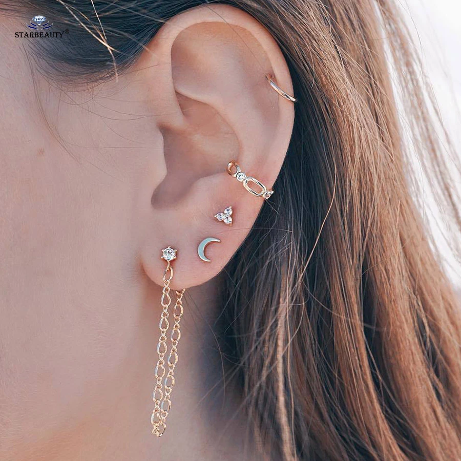 Starbeauty 5 Pcs Lot Gem Triangle Moon Ear Piercing Jewelry Tassel Piercing Nose Ring Faux Piercing Oreille Fake Earrings Chain Body Jewelry Aliexpress