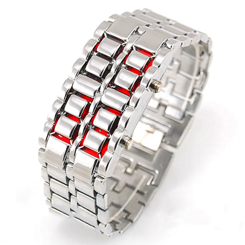Lava Iron Samurai, мужские часы, роскошный ремешок из нержавеющей стали, светодиодный, мужские спортивные электронные часы, светодиодный, цифровые часы, reloj hombre - Цвет: silver red