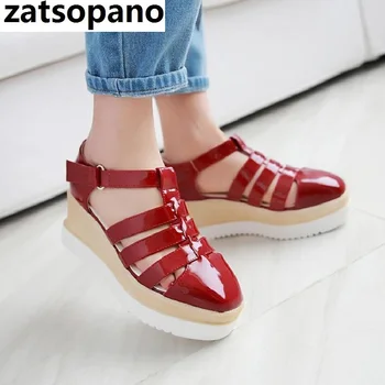 

Summer European and American Vintage muffin sole women's shoes Patemt Leather hollow thick Bottom Wedges Sandal women's shoes