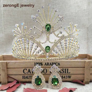 

zerongE jewelry 4.1" Vintage Classic Prom Luxury Hair Jewelry tiara crown Green Rhinestone Bridal Tiara with earring matching