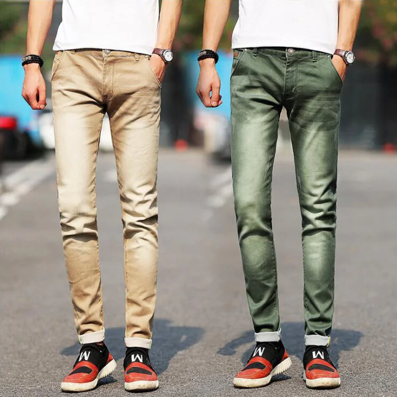 New Fashion Men's Jeans Khaki Green Gray Blue Black Slim