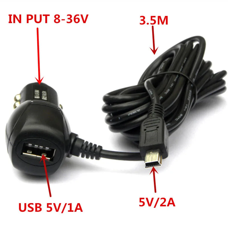 12V / 24V Car DVR camera Charger cable length 3.5m with single usb port