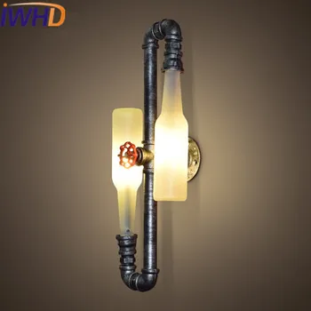 

IWHD 2Heads Water Pipe Scone LED Wall Light Loft Industrial Vintage Retro Wall Lamp Iron Arandela Glass Bottle Wall Lamp Lights