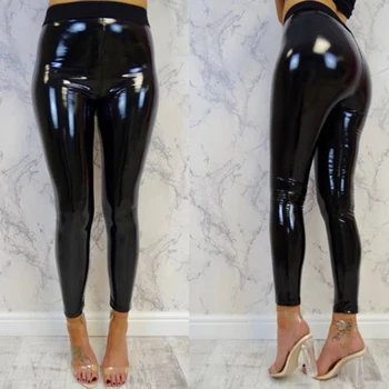 

Women Girls New Fashion Sexy Solid Ladies Soft Stretchy Shiny Wet Look Vinyl Trouser Skinny High Waist Black PU Pants Hot