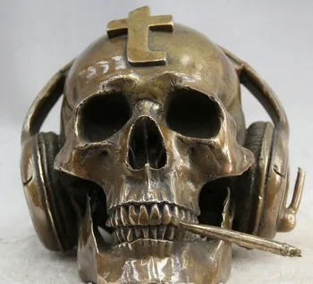 

YM 316 10" ART Bronze Sculpture Smoke Cigarette Listen to the Headset Skull Head Statue