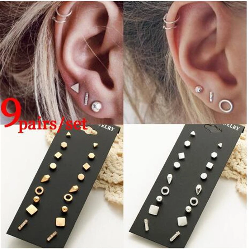 

9 Pair/Set Minimalist Mixed Small Earrings Stud Trendy Alloy Simple Vintage Square Geometric Earrings For Women Jewelry Gift