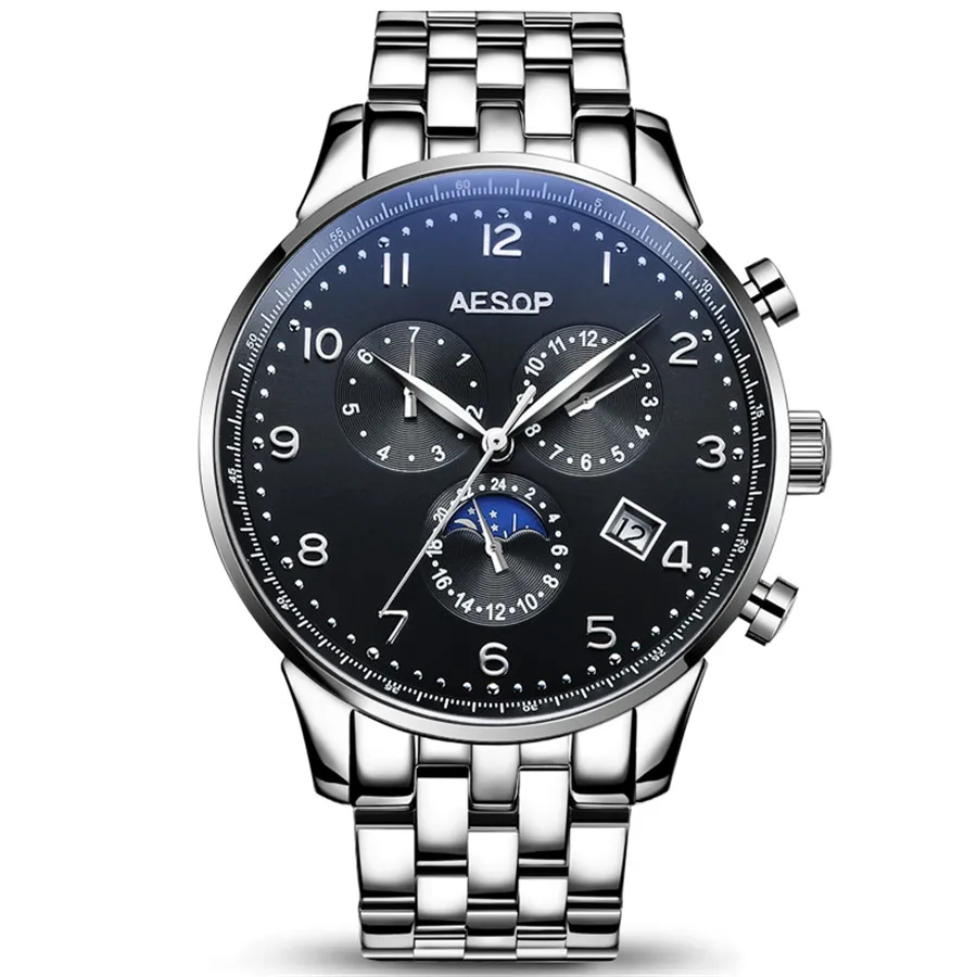 AESOP механические часы мужские часы Автоматические водонепроницаемые спортивные мужские часы лучший бренд класса люкс модные Relogio Automatico Masculino - Цвет: Black Silver