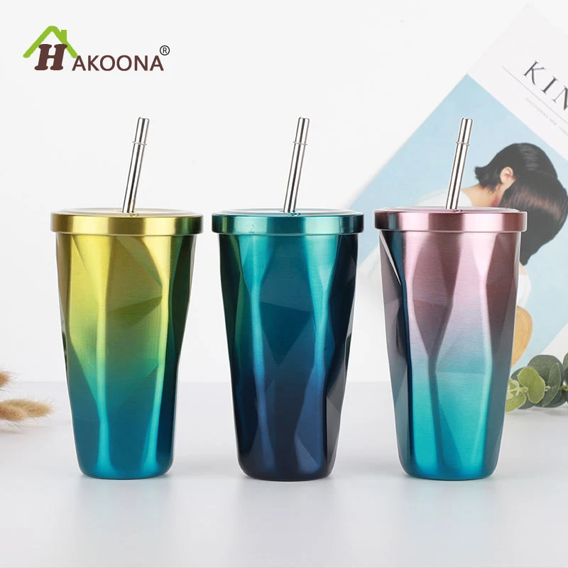 

HAKOONA Stainless Steel Vacuum Cup With Straw Lid Gradient Color Coffee Cup 473ml Reusable Coffee Cup Thermo Cups