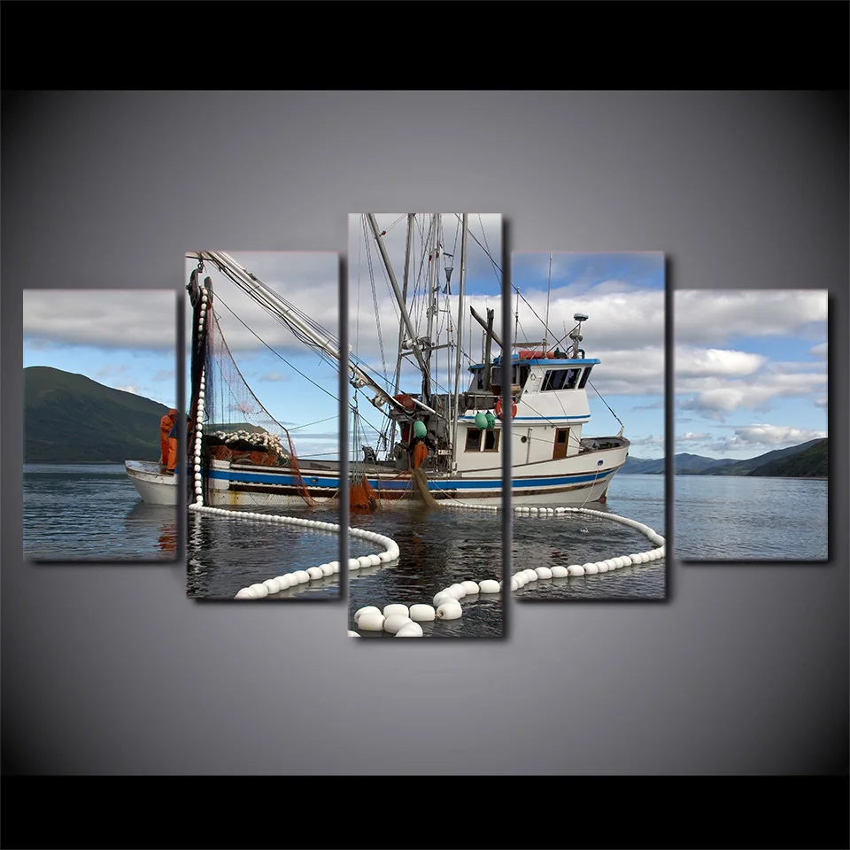 Modular-Wall-Art-Pictures-Home-Living-Room-Decor-Frame-5-Pieces-Sailing-Fishing-Boat-Canvas-Painting