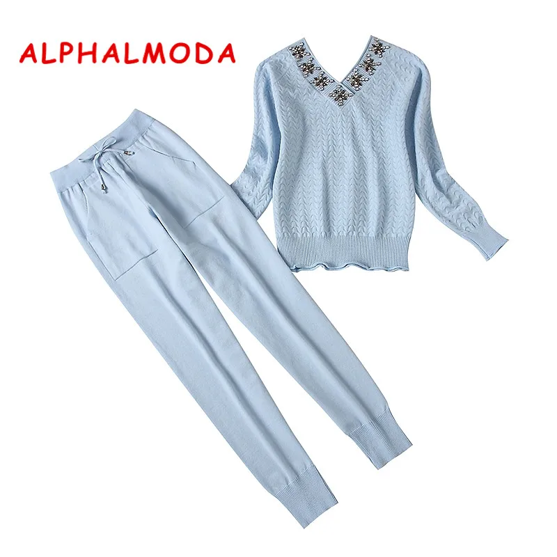 Женский свитер с цветочным принтом ALPHALMODA комплект из 2 предметов со стразами и