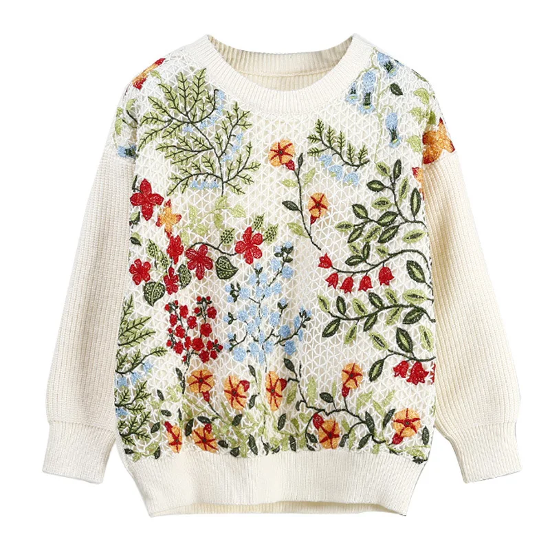 

2018 Fall Winter Women New vintage 2018 warm sweaters floral embroidery pullovers dropped shoulder Oversized knitted blusas