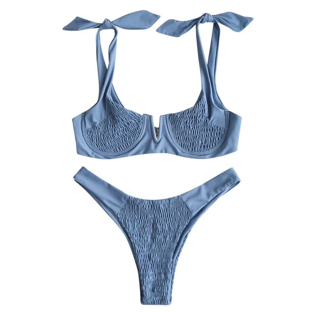 

Ladies Sexy Bikini Swimwear Shirring Knotted Bikini Set Two-piece High Cut Women Summer Beach Swimsuit Bathing Suit